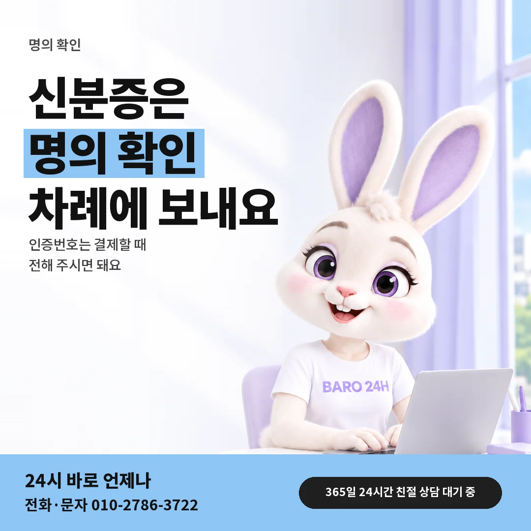 BARO 24H 티셔츠를 입은 3D 토끼 캐릭터 옆에 「명의 확인과 인증번호 문답」 제목을 얹은 안내 카드
