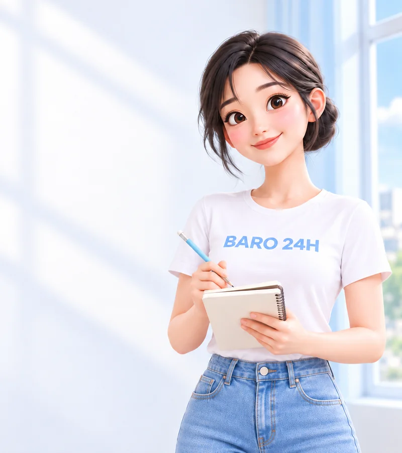 휴대폰을 들고 상담을 안내하는 BARO 24H 티셔츠 차림의 20대 3D 인물